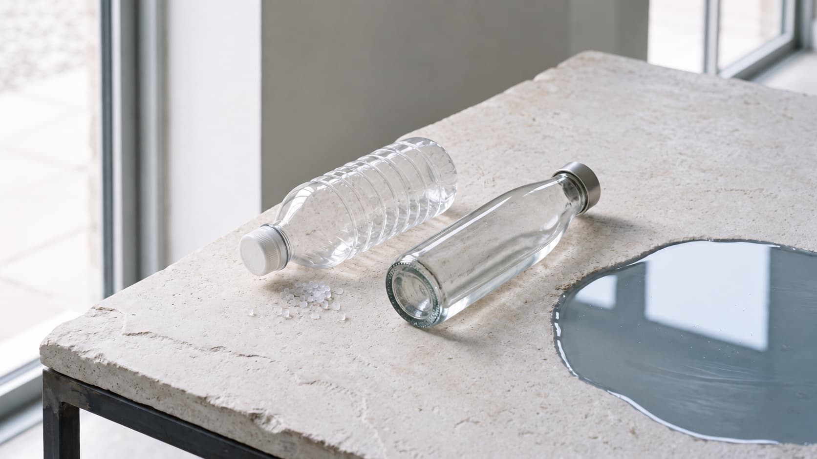 A clear plastic bottle and a glass bottle resting on pale stone beside translucent pellets and a pool of water
