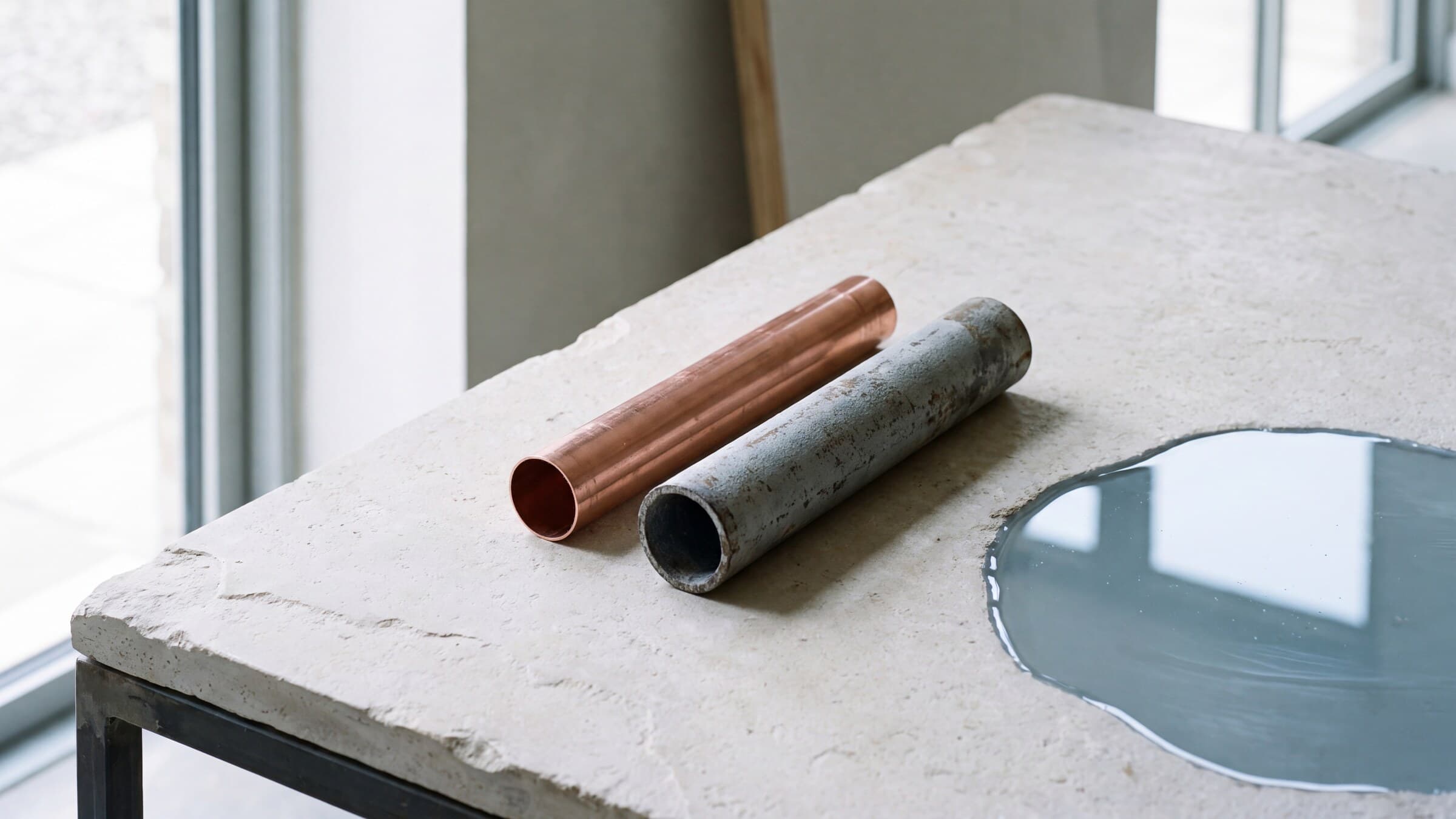 Copper-colored and aged gray pipe sections resting on pale stone beside a pool of water