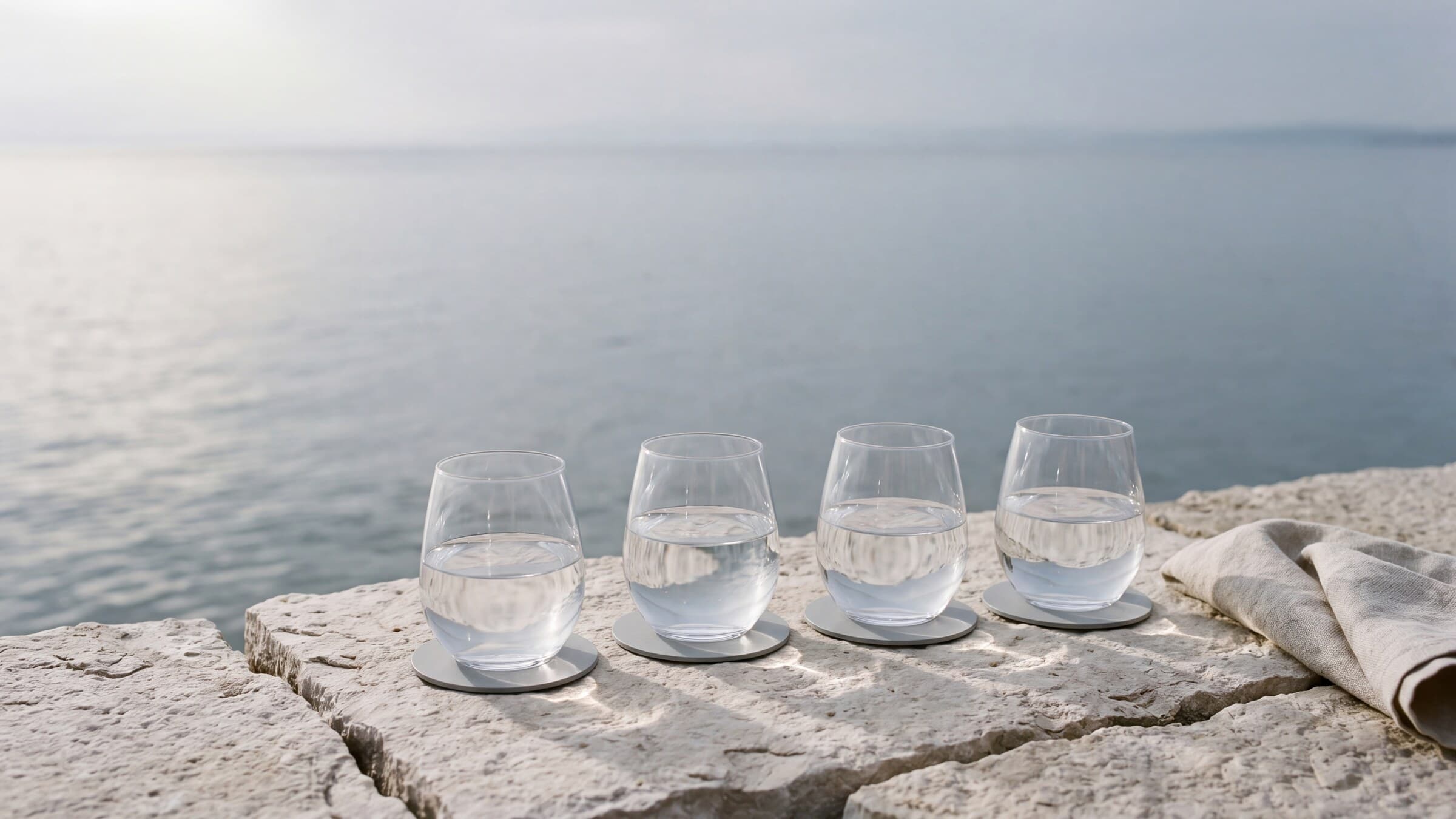 Four matching glasses of clear water on gray coasters, arranged on pale stone beside a linen napkin