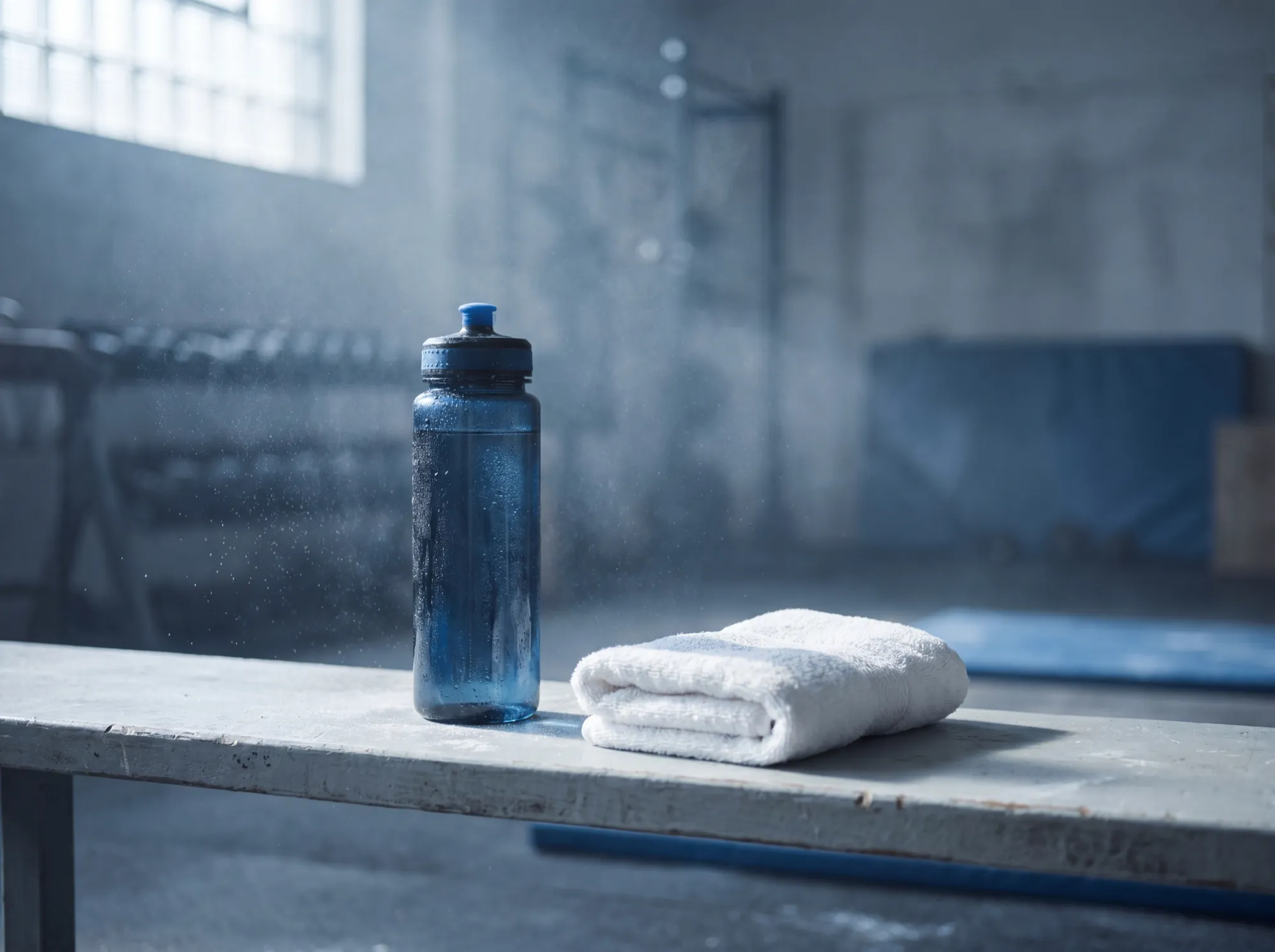 A blue water bottle and white towel on a gym bench