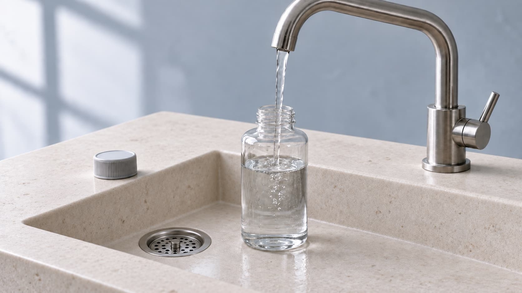 Tap water flowing into a clear glass sample bottle in a pale stone sink with a recessed metal drain