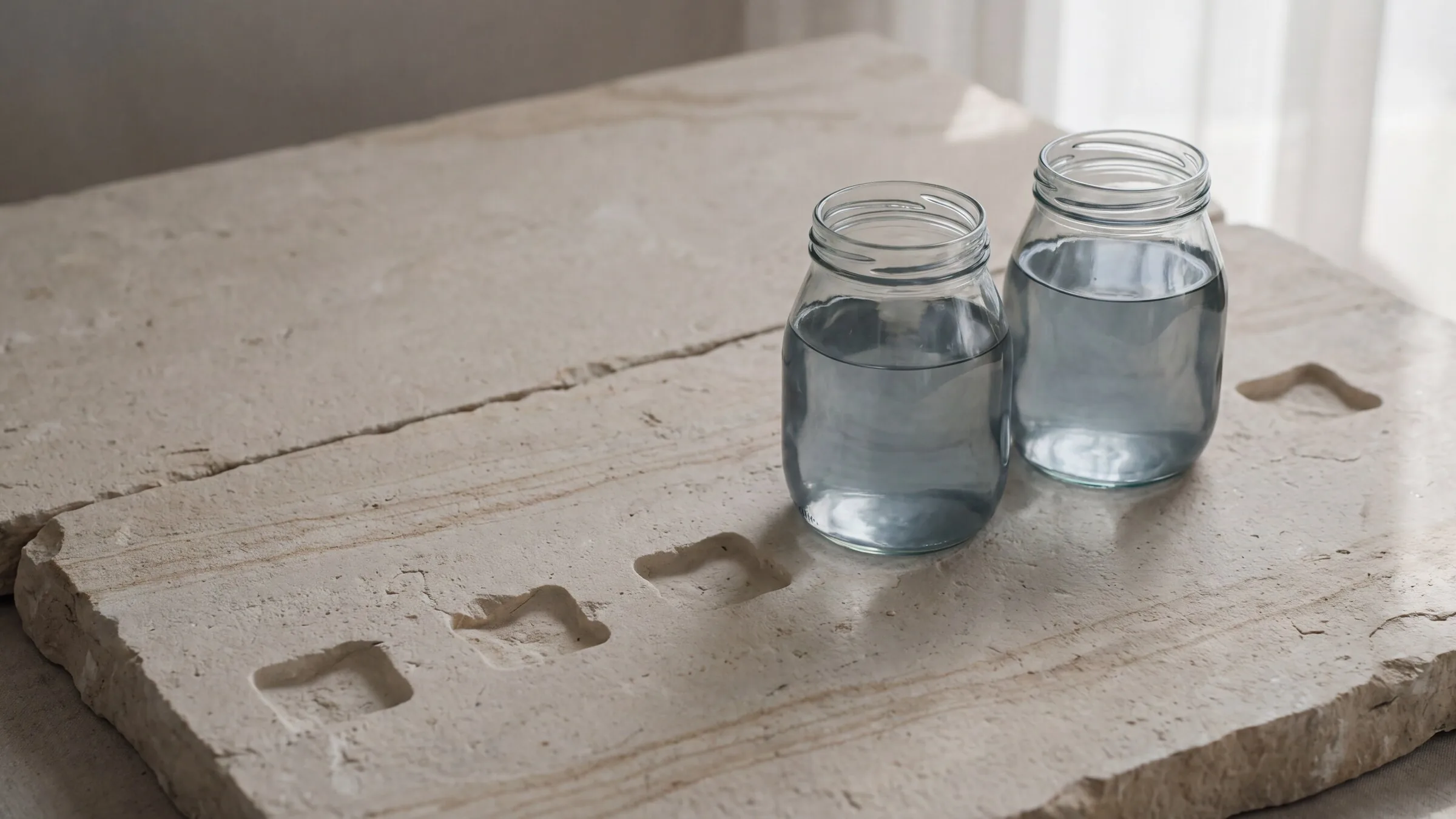 Two clear water vessels beside a restrained stone timeline