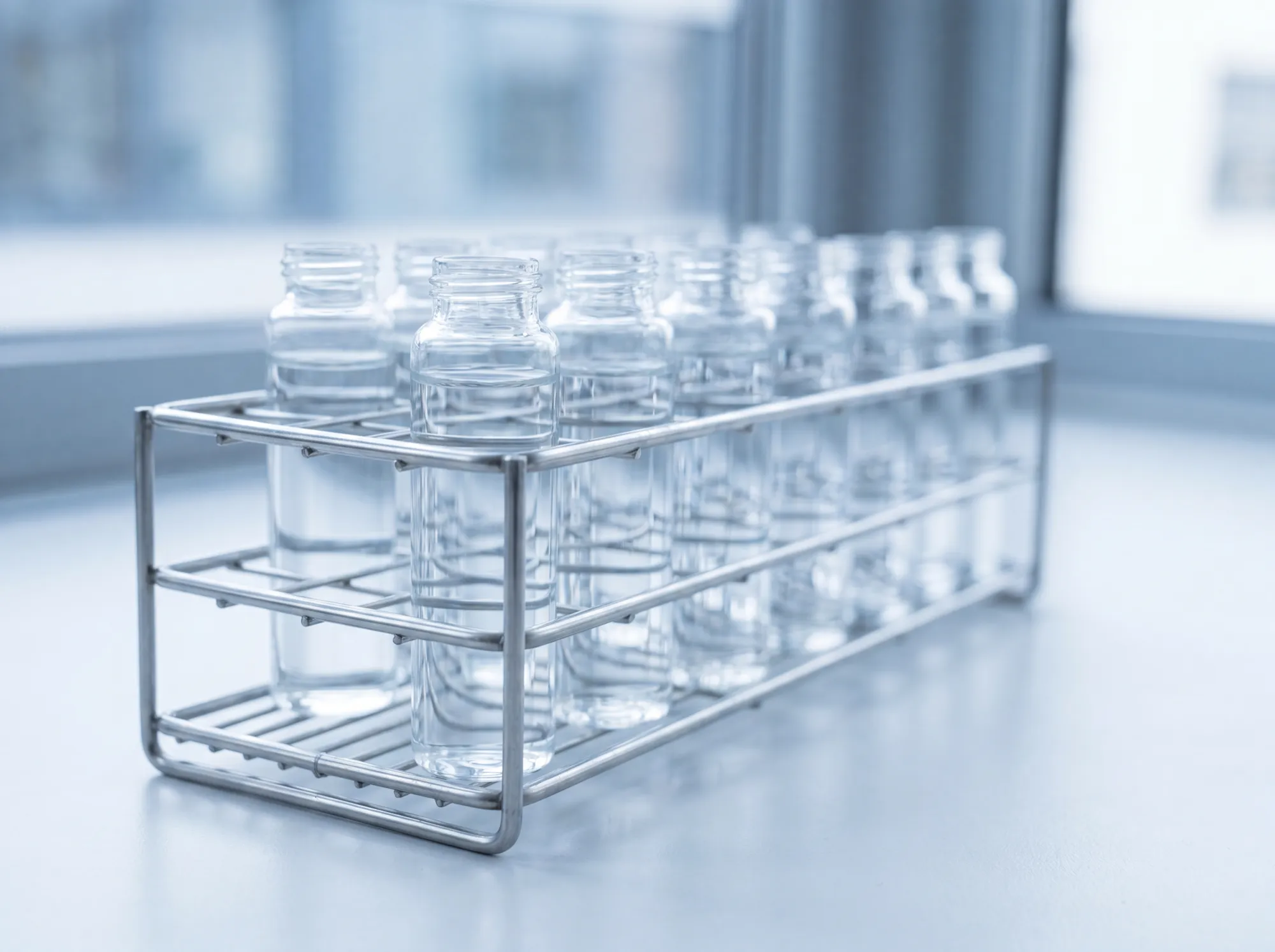 A metal rack of clear water sample vials in a laboratory
