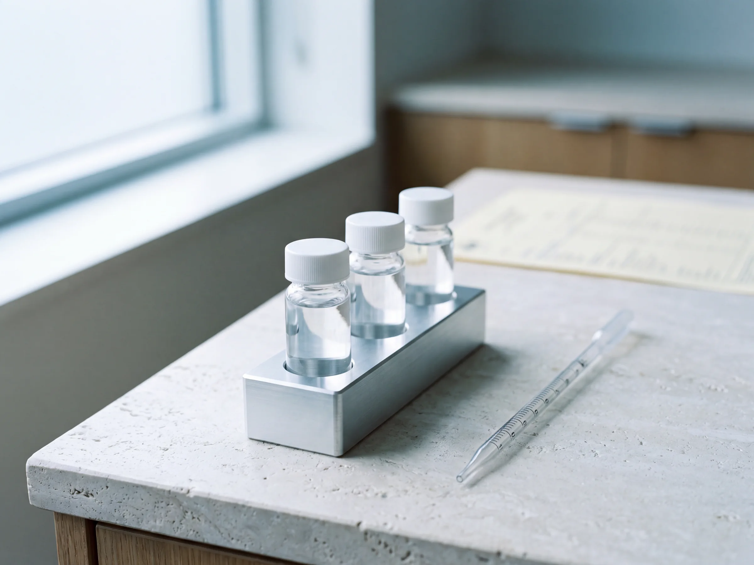 An illustrative laboratory scene with a report and water sample vials