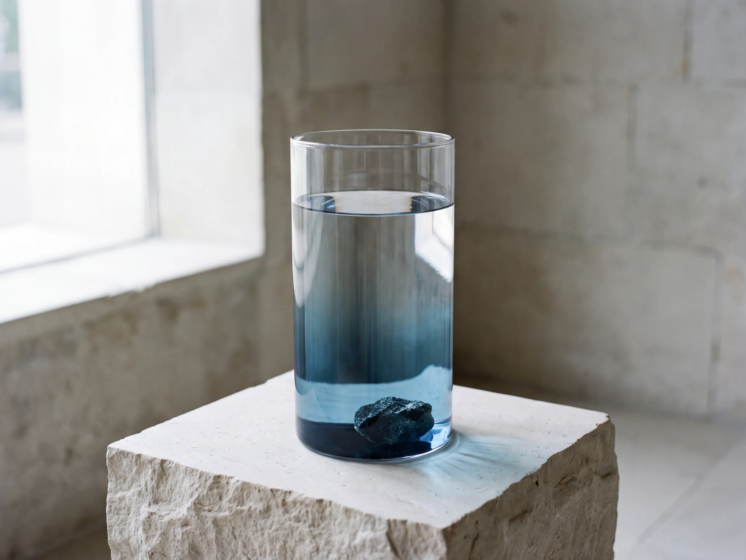 A clear glass water column fading from bright to deep blue above a dark mineral stone