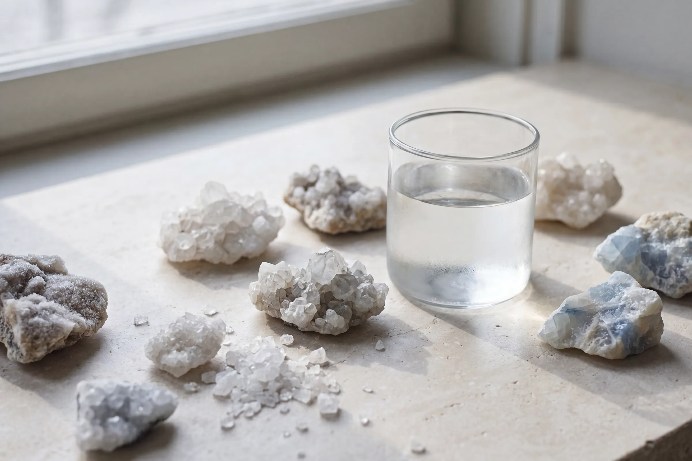 A glass of clear water surrounded by raw mineral crystals on a pale stone surface