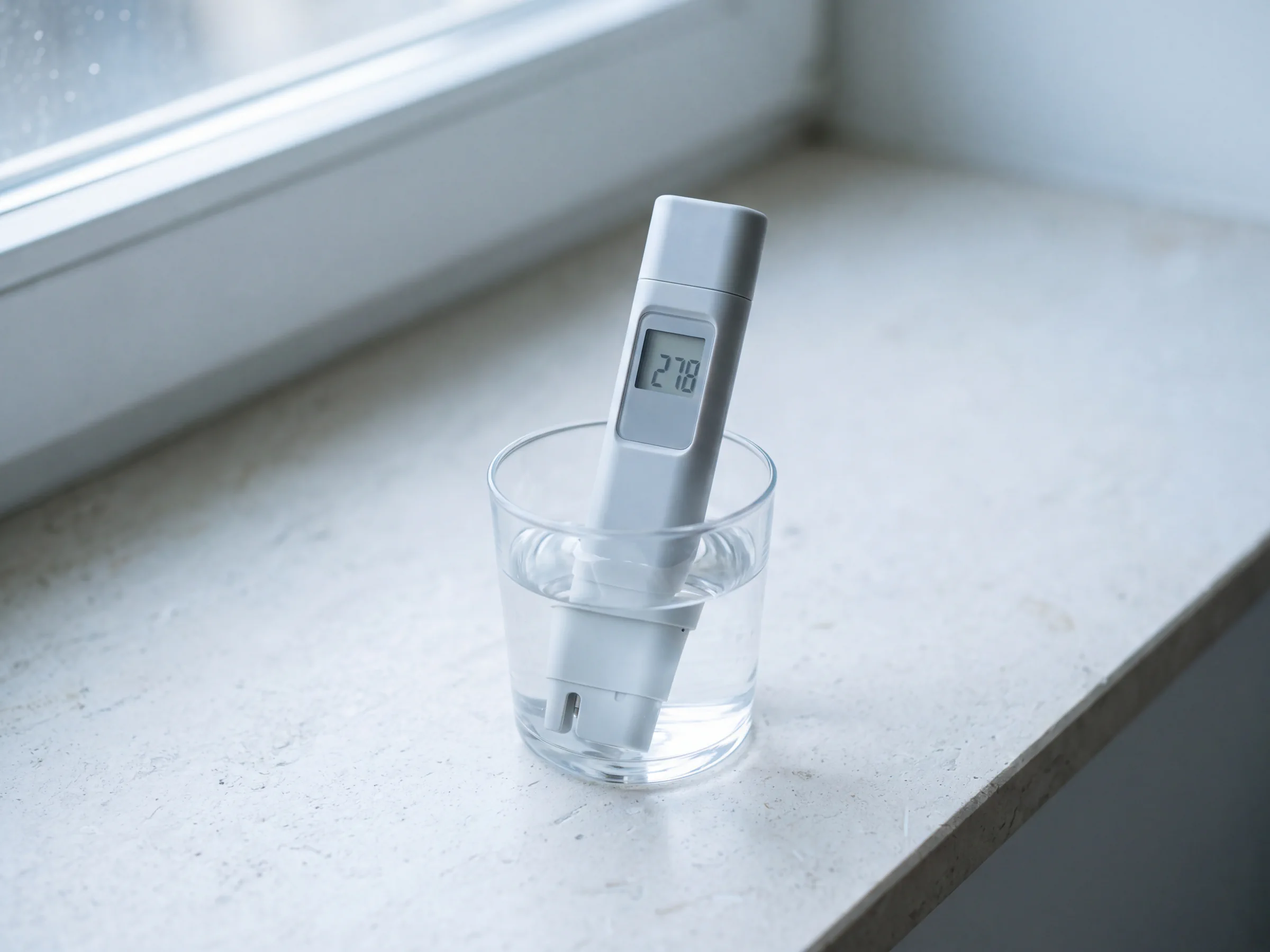 A handheld TDS meter and a glass of water on a stone sill
