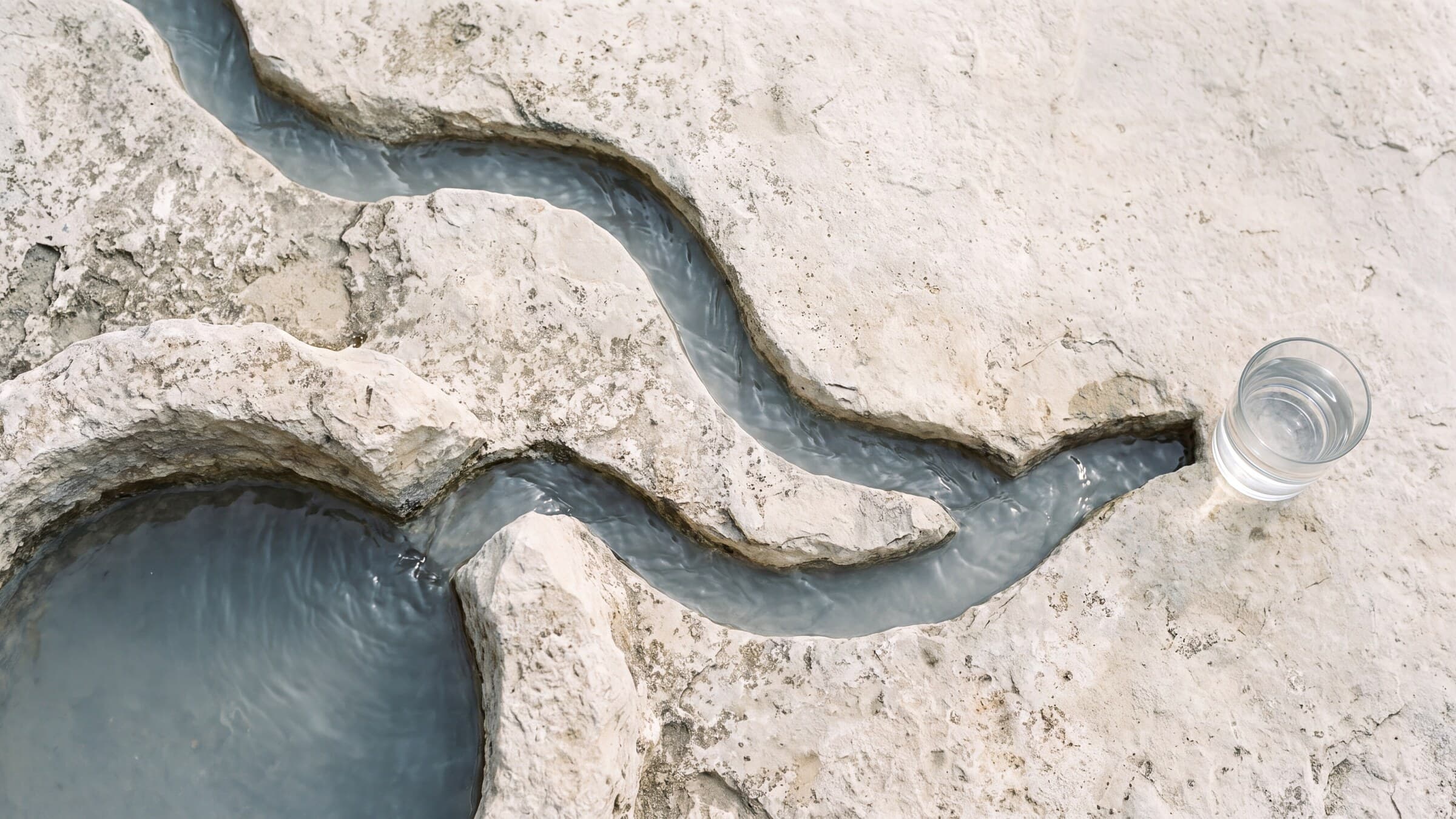 Clear water moving through a sequence of pale stone channels in soft side light