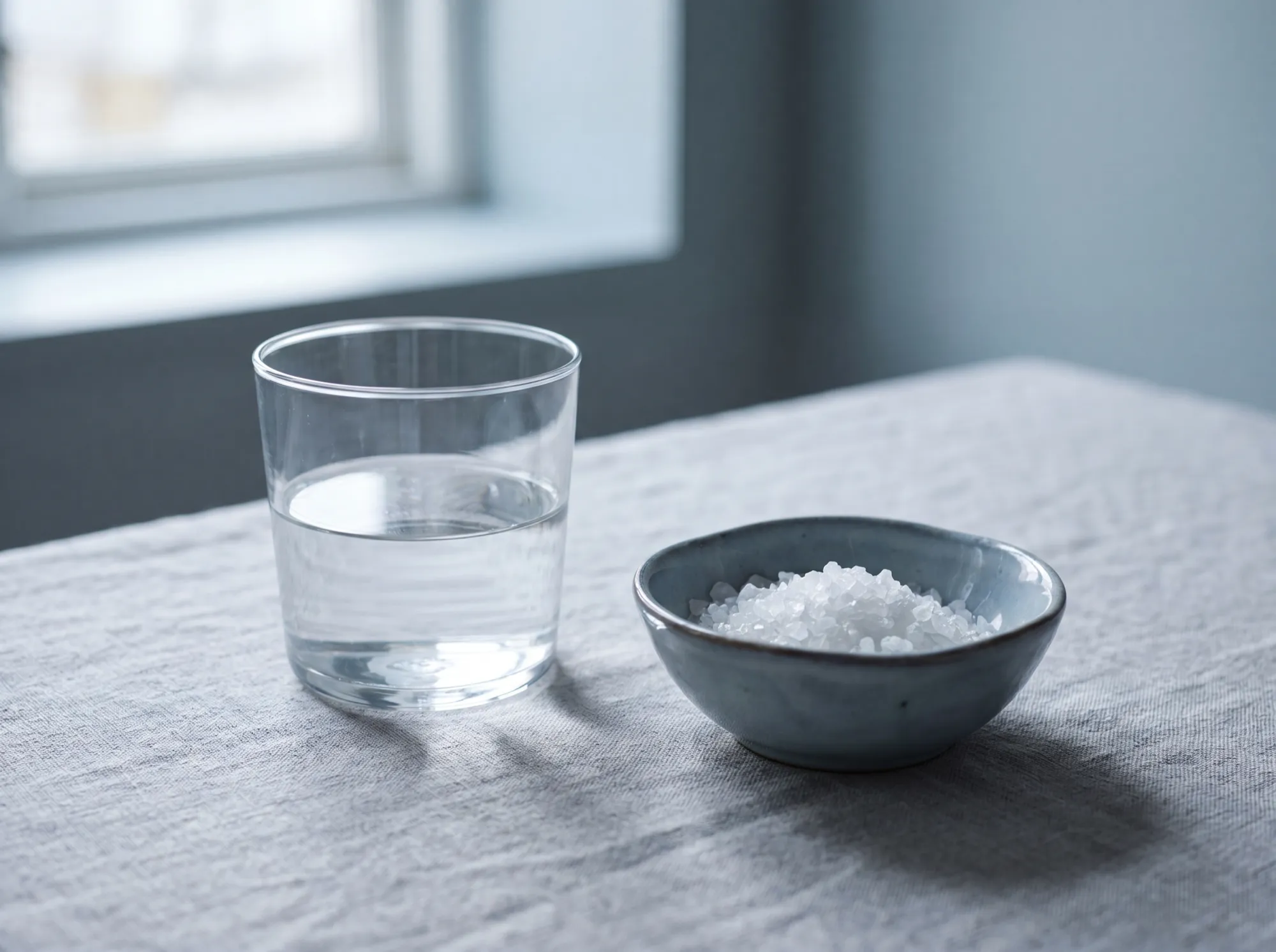 A glass of water beside a bowl of coarse salt on a linen table